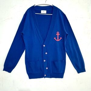 W. New York Navy Cardigan with Red Anchor Embroidery Oversized Fit